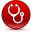 Stethoscope icon on shiny red circle button.