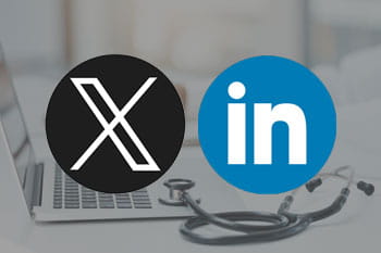 Logos for X and Linked In superimposed over a photo of a computer and a stethoscope.